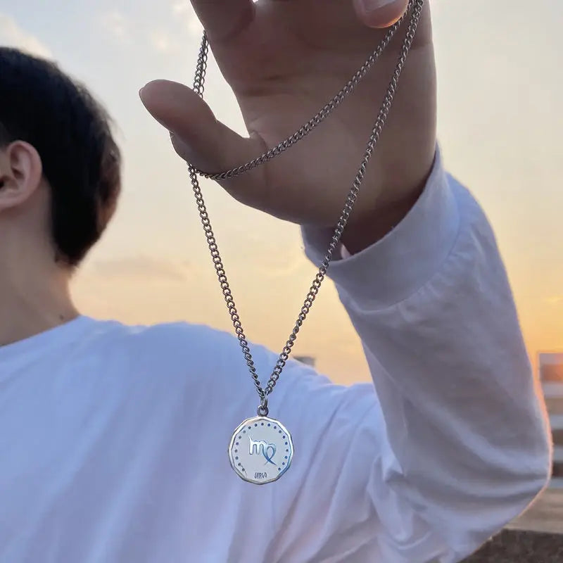 Hot Sale 12 Zodiac Sign Pendant Necklace Plate Silver Stainless Steel with Link Chain Classic Style round Zodiac Design