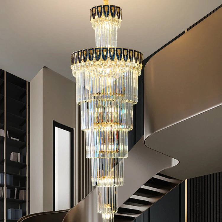 High Performance Blue&Golden K9 Led Long Ceiling Chandelier Lighting for Spring Layer Living Room Dining Room