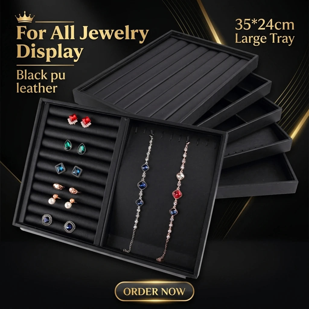 Premium Black Leather Jewelry Display Tray Plate Multi-Functional Necklace Ring Medal Storage Case for Exhibition