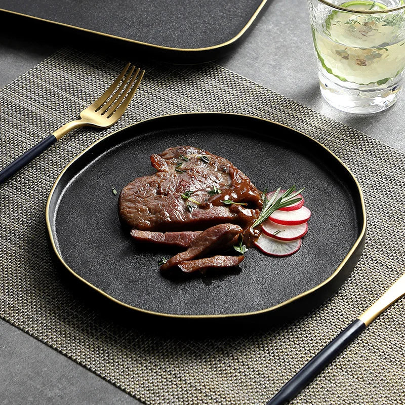 Matte Black Square Rectangle and Round Dinner Charger Plates with Gold Rim for Steak Pasta Sushi for Restaurants and Hotels