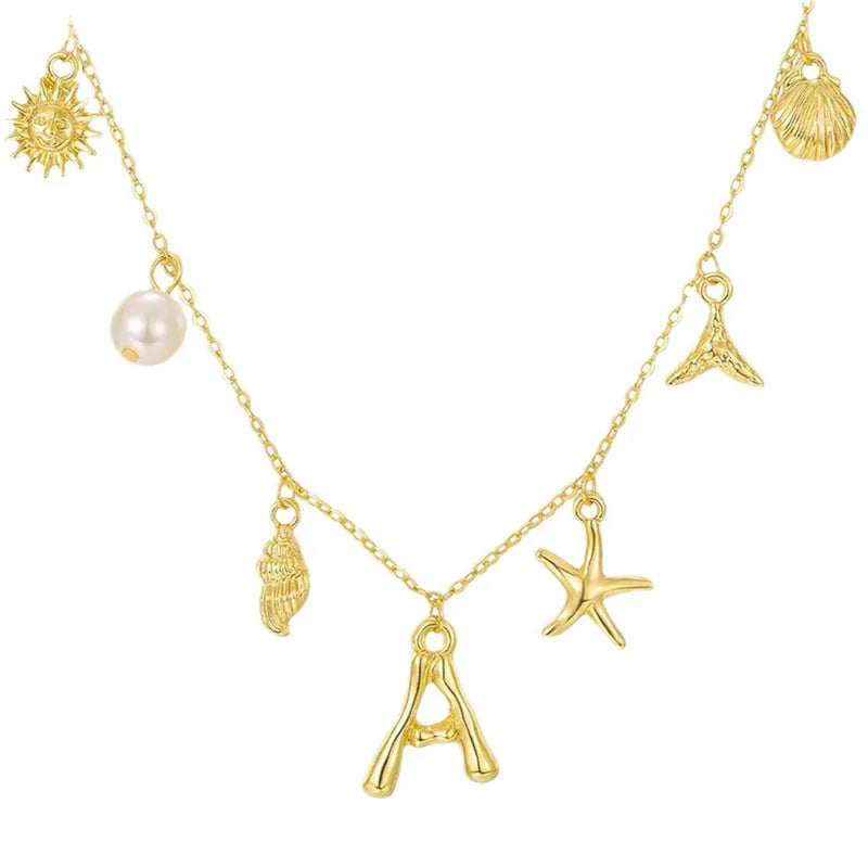 Summer Fashion 14K Gold Plated A-Z Initial Shell Pendant Necklace Stainless Steel Conch Starfish Choker Necklace Ocean Jewelry