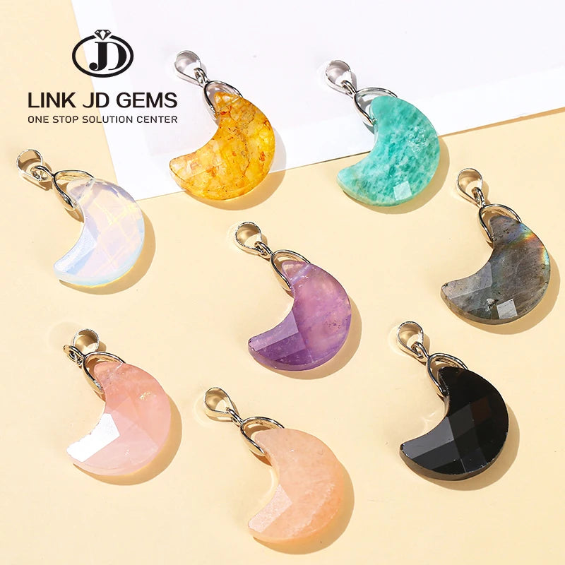 JD 26*7mm Natural Stone Pink Quartz Obsidian Tiger Eye Faceted Moon Shape Necklace Pendants for Jewelry Making