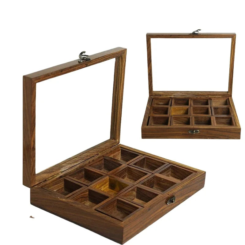 Wooden Compartment Storage Box Spice Rack ContainerUtility Box Hand Crafted Square Spice Box