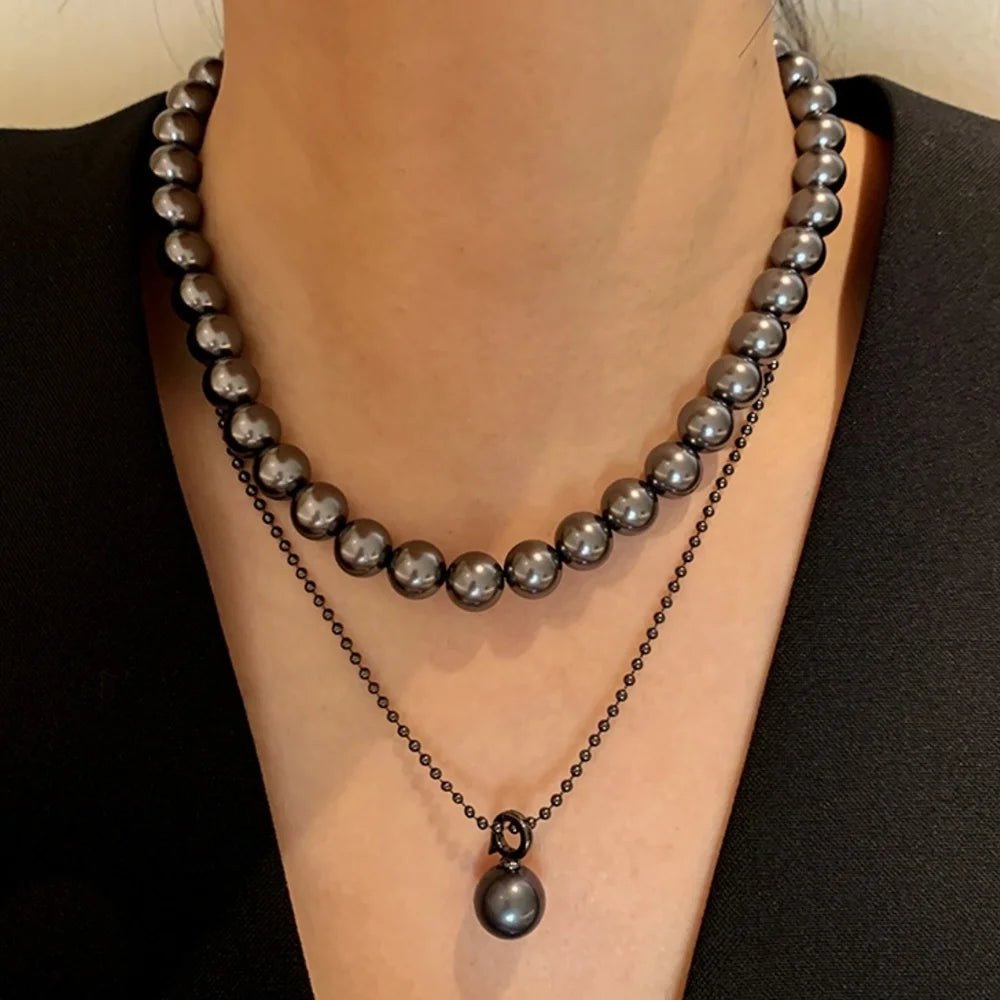 Trendy Stacking Black Single Pearl Pendant Link Chain Necklace 18K Gold Plated/Platinum Plated Custom Jewelry Gift