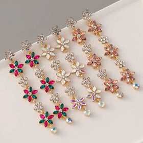 2024 New Arrivals Flower Dangle Earrings Long White Pink Rhinestone Crystal Flower Tassel Earrings for Women Gift