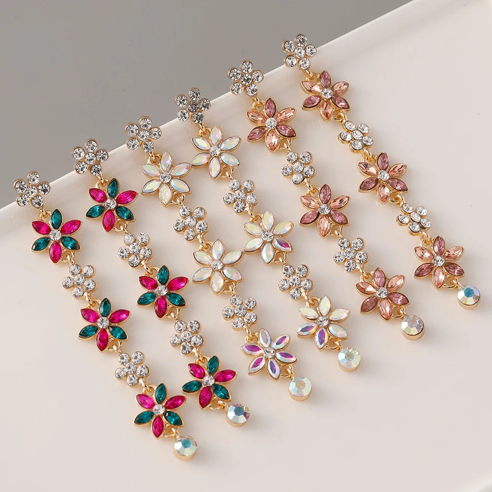 2024 New Arrivals Flower Dangle Earrings Long White Pink Rhinestone Crystal Flower Tassel Earrings for Women Gift
