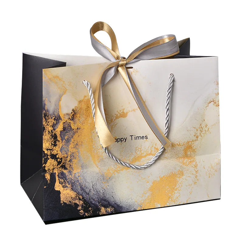 New Marbled Gift Bag Fashion Tote Bag with Ribbon Packaging in Stock Paper Bag Can Be Customized