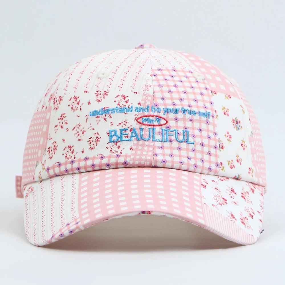 6 Panel Pink Floral Baseball Cap Cute Style Soft Top Sports Hats Comfortable Cotton Outdoor Plaid Summer Hat for Woman