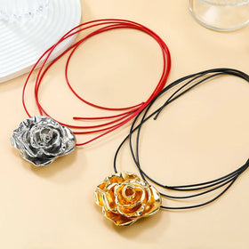 NM1295 Fashion Boho Large Gold Rose Flower Leather Cord Rope Necklace for Women