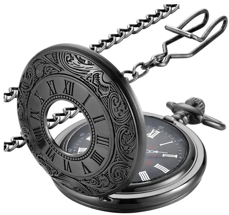Antique Half Hunter Punk Steam Train Ship  Movement Japan  Men's Black Silver Gold  Quartz  Antique Pocket Watch