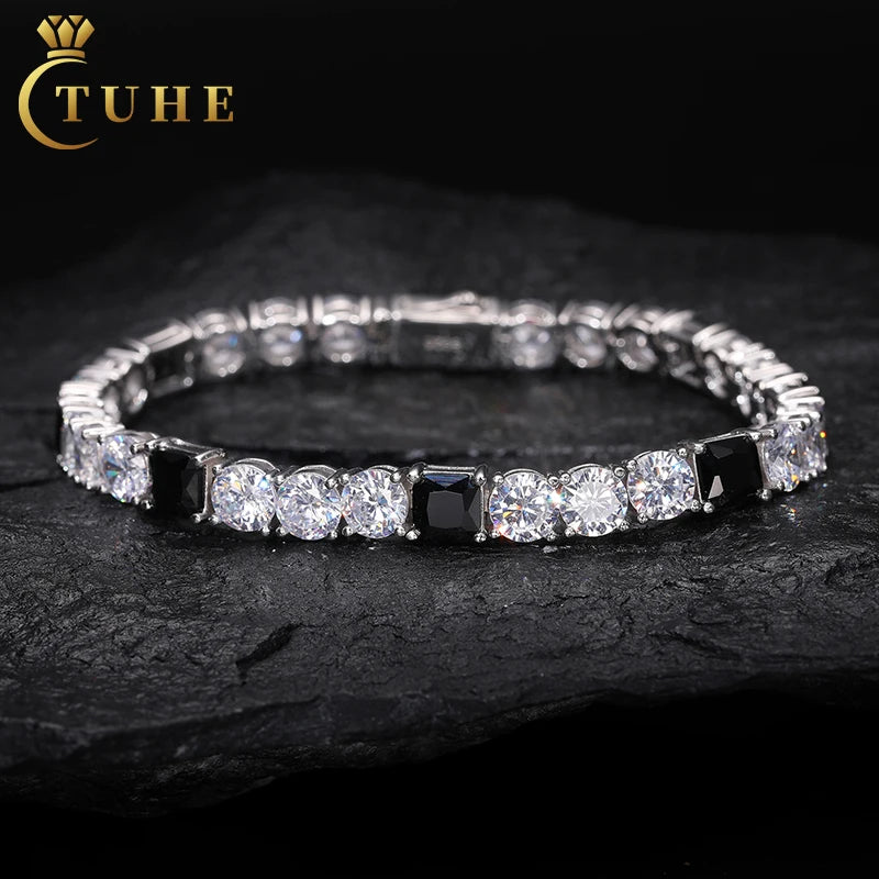 Gra Certificates Stock 6mm S925 White Gold Plated Hip Hop Jewelry D Color Black Moissanite Diamond Tennis Chain Bracelet Men