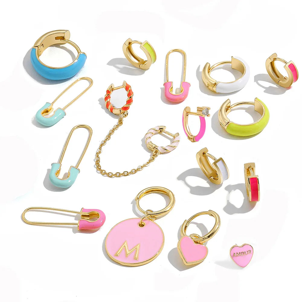 Star Moon Hoop Earrings Women Copper Geometry Enamel Earring Twist Ear Buckle