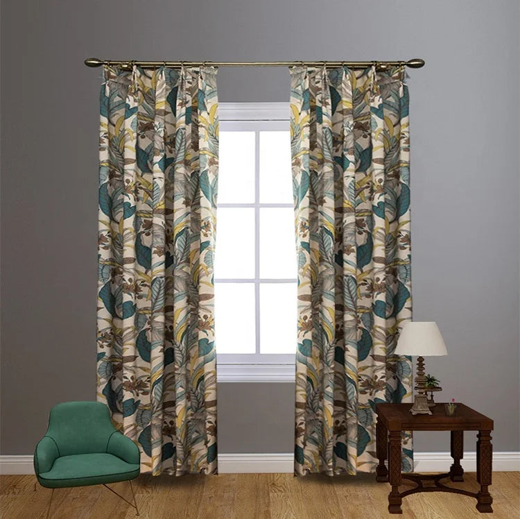 Elegant Luxury Leaf Printed Curtain Window Curtains for the Bedroom Cortinas Polyester Cotton Linen Floral Curtains