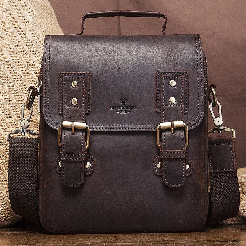 HUMERPAUL Handmade Crazy Horse Leather Messenger Shoulder Bag Vintage Business Crossbody Ipad Bags for  Work Travel Sling Bag