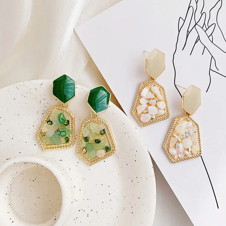 SC French Vintage Irregular Geometric Emerald Enamel Earrings Women 2023 Fashion Natural Crystal Crushed Stone Dangle Earrings