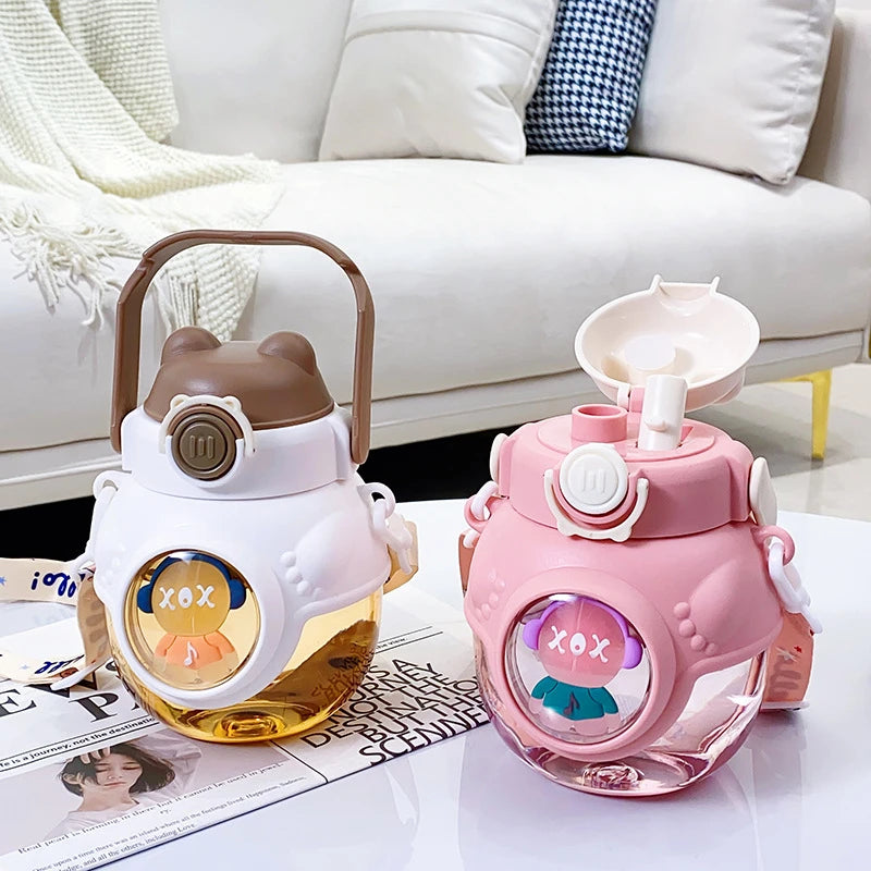 Cartoon Boys Girls 950ml Portable Drinking Belly Cup Gourde Children Cute Kids Creative Bear School Plastic Straw Water Bottle
