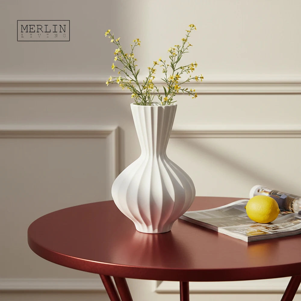Merlin Living Scandinavian Style Ceramic Vase Modern Nordic Design with Minimalist Curve White Color for Home Decor