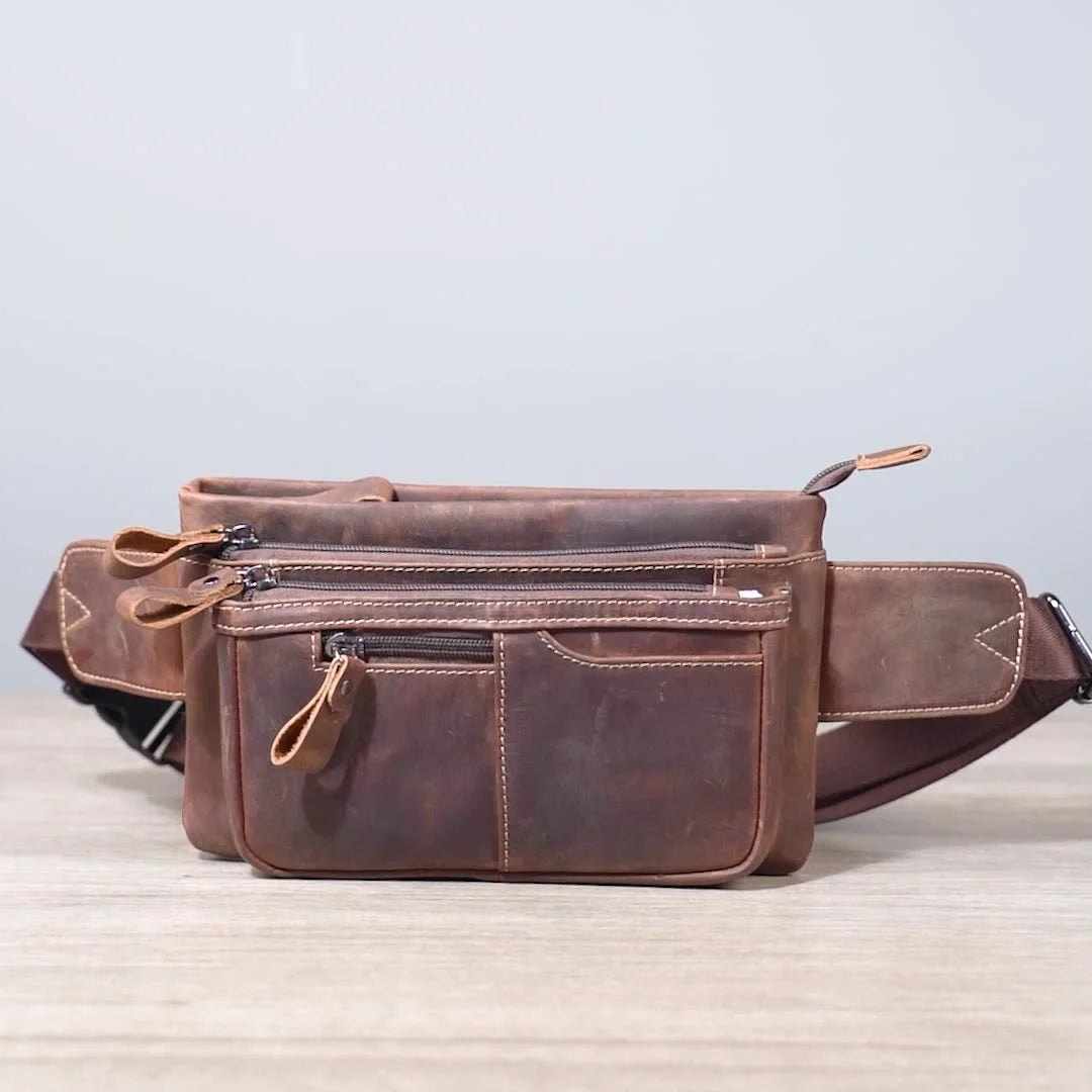 Wholesale Genuine Leather Chest Bag of Men Full Grain Leather Vintage Style Crossbody Phone Case Large Capacity With Belt Strap
