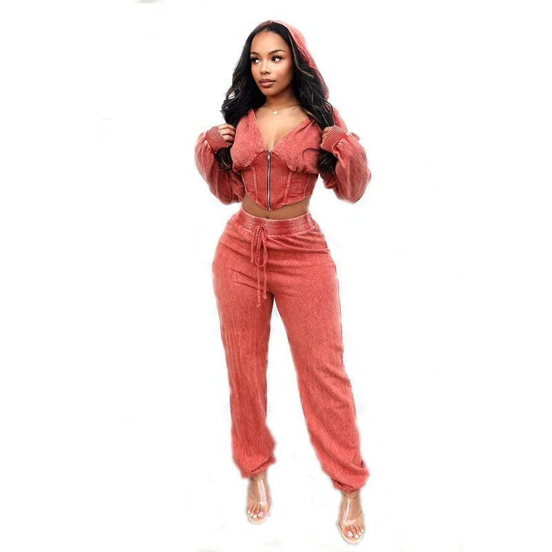 KY Mineral Washed Zip up Wide V Neck High Waist Jogger Pants Corset Crop Top Hoodie Women Jogge