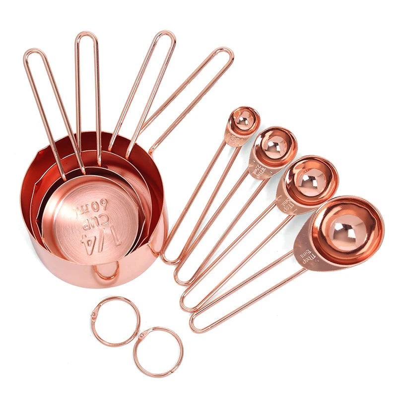 Heavy Duty Mirror Polished Engraved Stainless Steel 8 Pieces Copper Measuring Cups and Spoons Set MegaBDM
