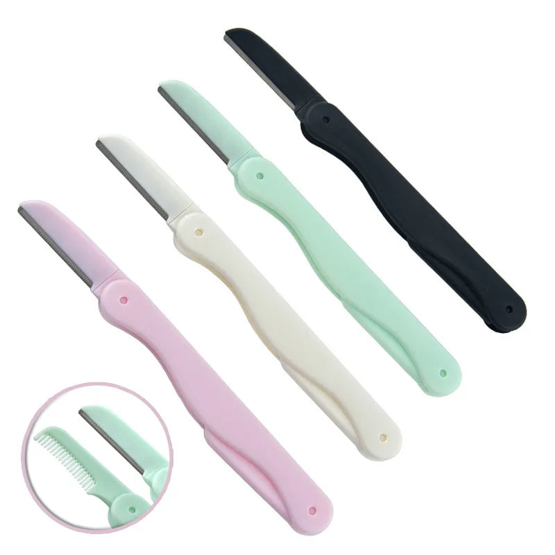 Double-Head Eyebrow Trimmer Eyebrow Razor Scraping Comb Eyebrow Scissors Stainless Makeup Tool Plastic Handle
