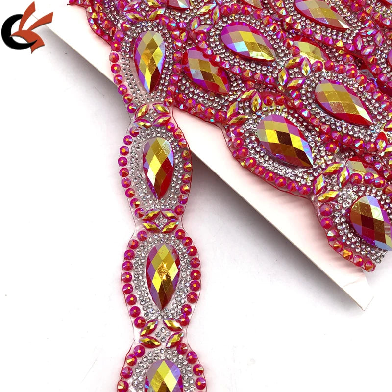 Red AB Crystals Customized Rhinestone Iron on Apparel Trimming Hot Fix Trims