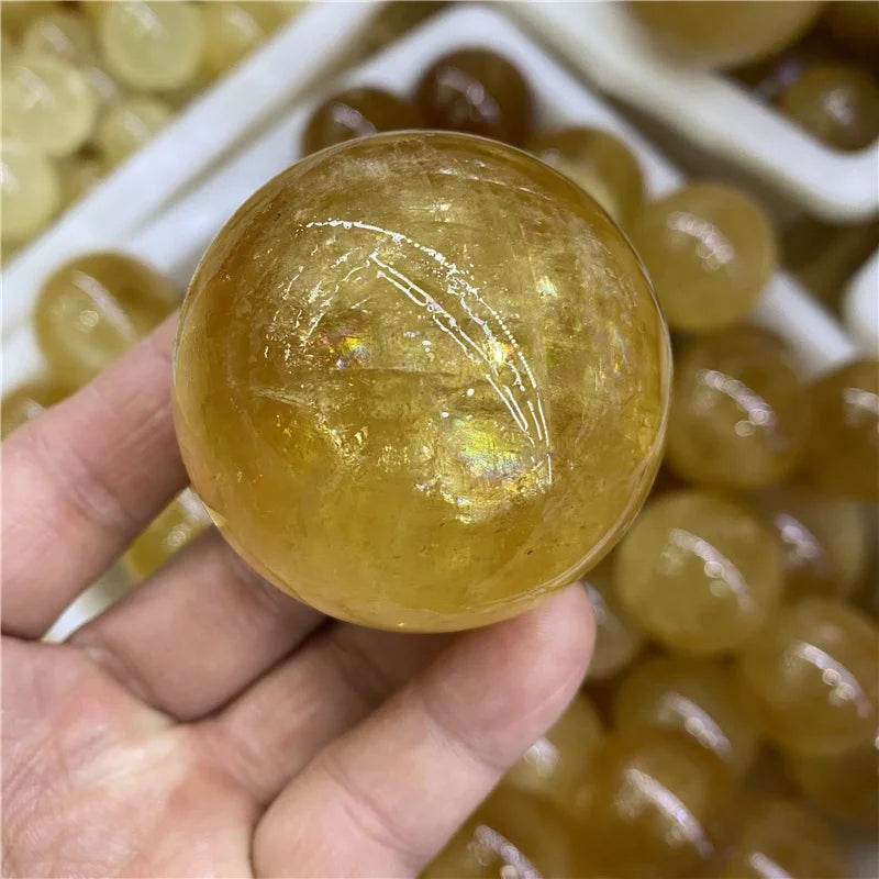 Wholesale Yellow Iceland Spar Ball Orange Honey Calcite Sphere Healing Crystal Decoration