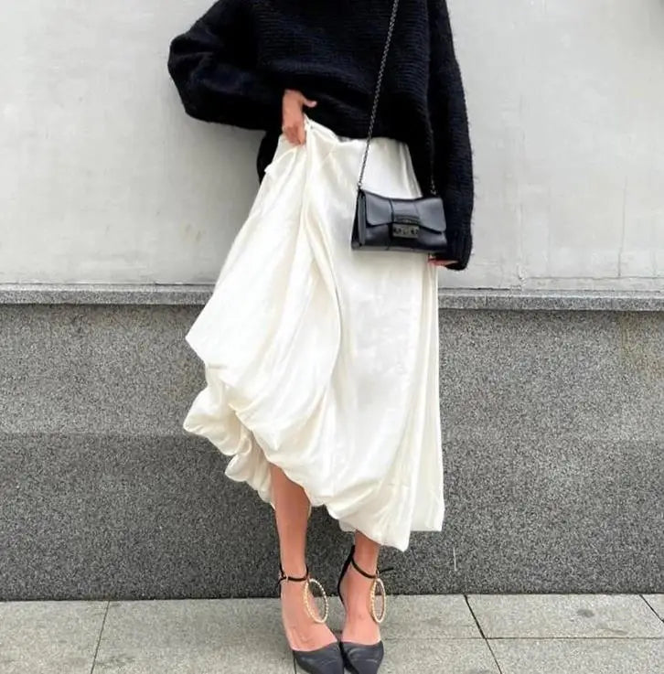 Enyami High Street Popular Casual Chic High Waist Faldas Largas Tutu Beige Pink Fluffy Bottom Elegant Satin Women Puff Skirts