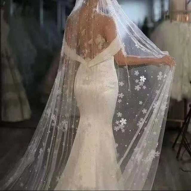 Heavy Industry White Bridal Veil Super Fairy Flower Pearl Long Trailing Single Layer Nailed Pearl Lace Wedding Party 3M