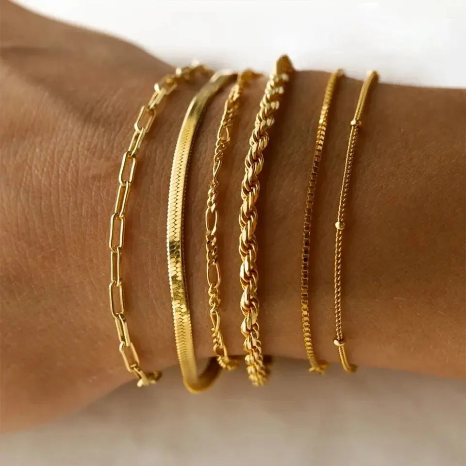 MECYLIFE 6Pcs Jewelry Set Exquisite Figaro Chain Bracelet Flat Snake Chain Stainless Steel 18K Gold Plated Paper Clip Bracelet