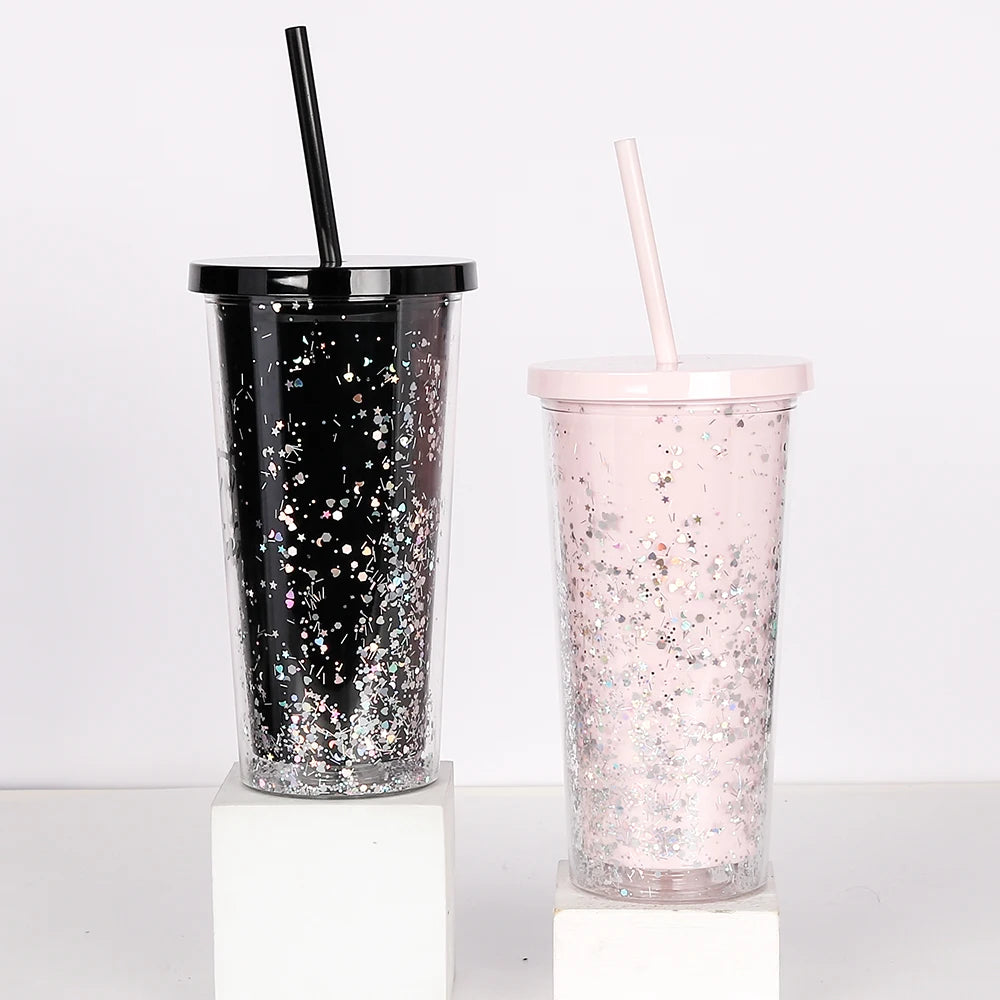 20oz Double-Walled Glitter Tumbler DIY Good-Looking Reusable Acrylic Mug with Classic Design Straw Lid for Coffee Accessories