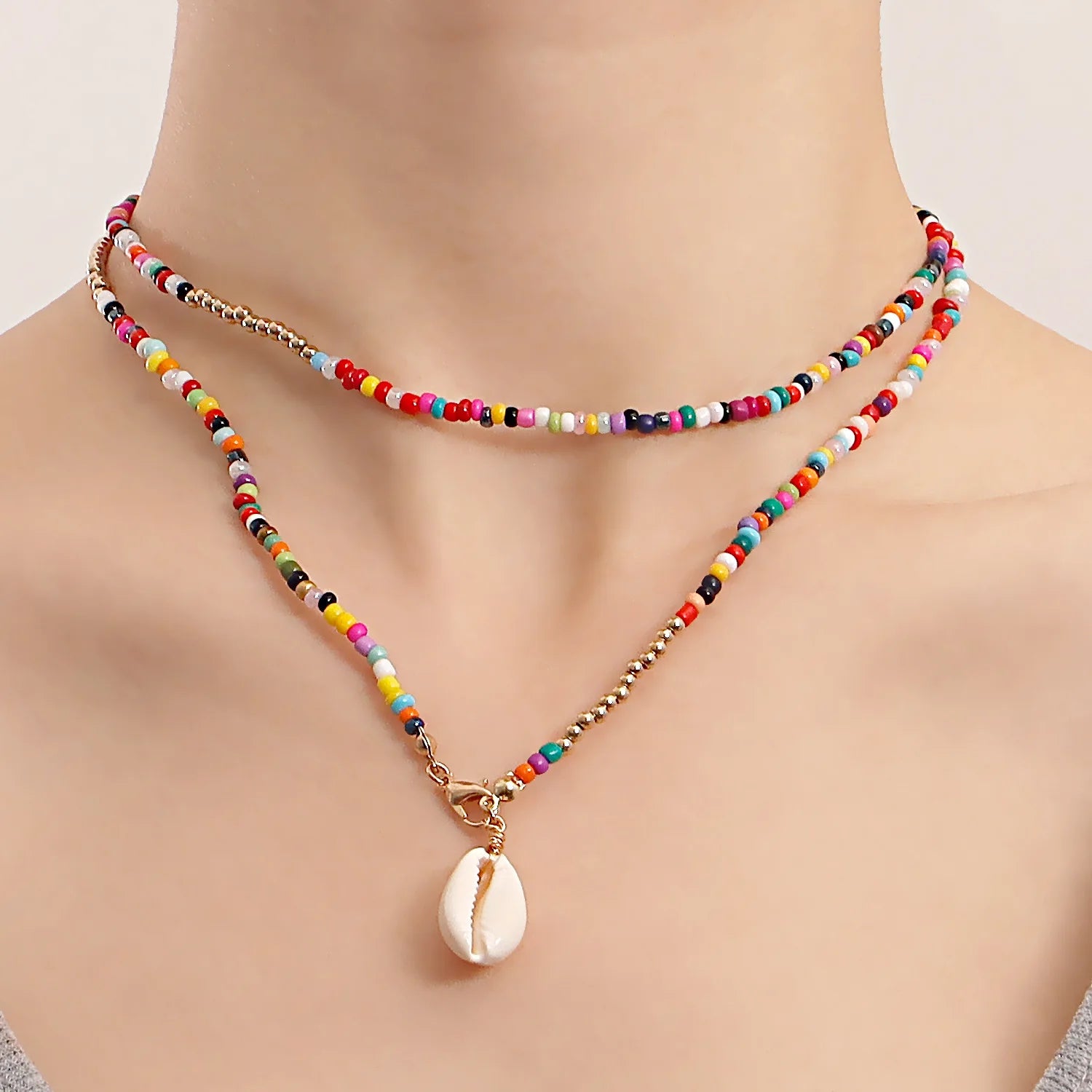 SC New Style Vintage Bohemian Necklace Bracelet Fashion Colored Bead Necklace Summer Beach Shell Pendant Necklace for Teen Girls
