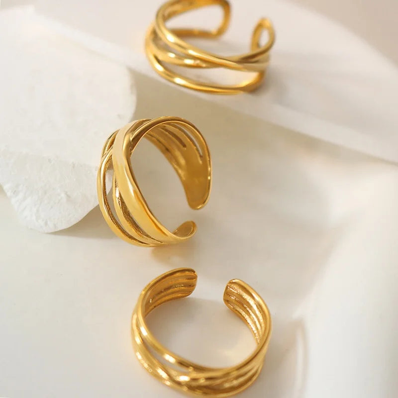 ODM Stainless Steel Ring Women Fashion Waterproof Tarnish Free Jewelry 18K Gold Plated Adjustable Open Rings