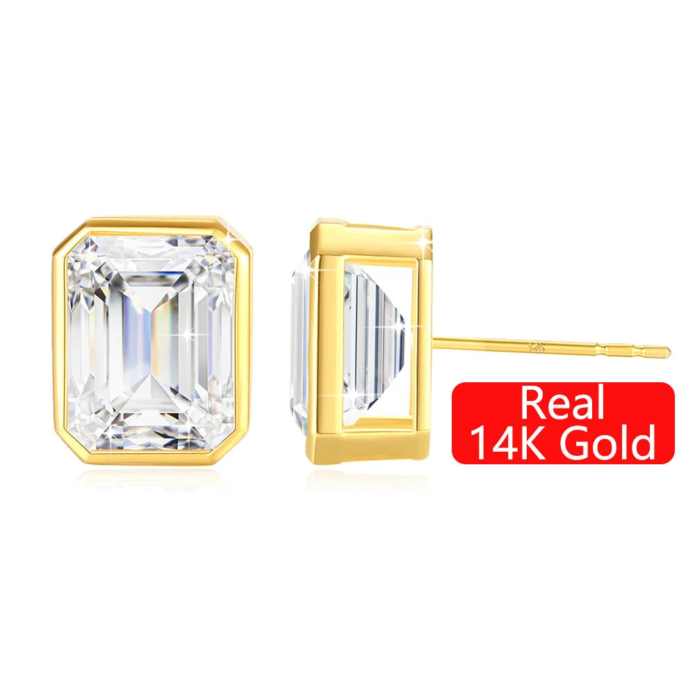 Luxury Woman Engagement Jewelry Gift Classic Bezel Emerald Moissanite Stud Earrings 14K Gold Hollow MegaBDM