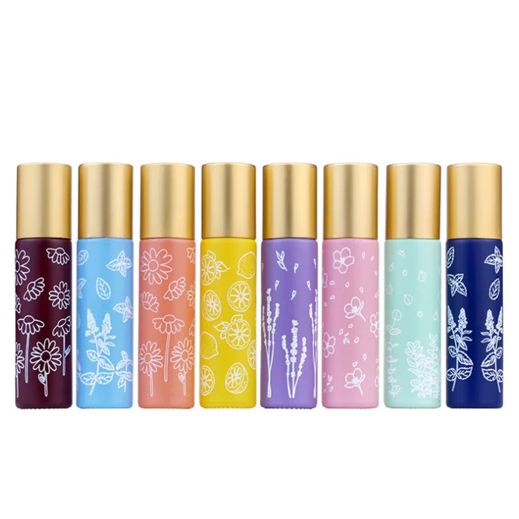 WOGU 8 Colors Pink Flower Fragrance Essential Oil Bottle 10ml Eye Cream Metal Steel Roller Ball Glass Roll on Perfume Bottle