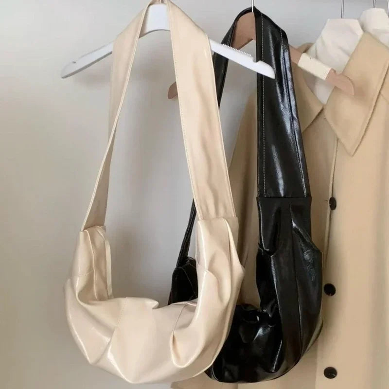 Pleated PU Leather Women's Hobos Shoulder Bag Wide Strap Female Crossbody Bags Fashion Ladies Underarm Bag Tote Purse Handbags