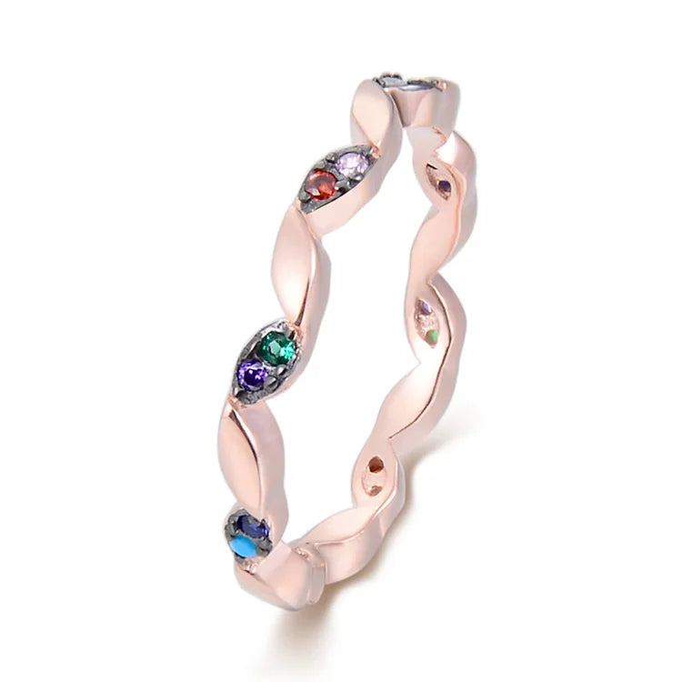 Eternity Rainbow Rings Wedding Band Women 18K Rose Gold Plated 925 Sterling Silver Multi Color Created-Gemstone Cz Eternity Ring