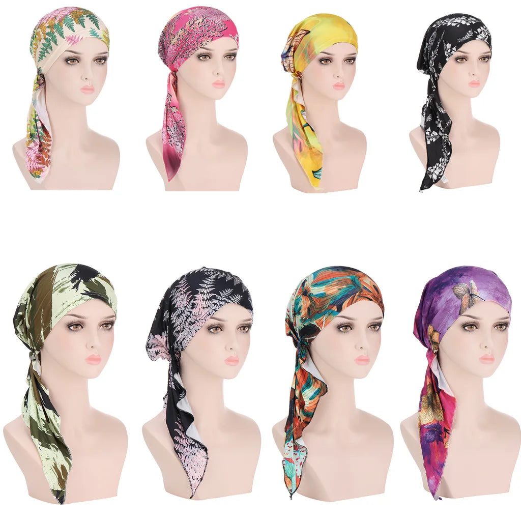 New European and American Printed Curved Floral Cloth Hat Muslim Headband Milk Silk Pullover