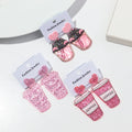 Sweet 2024 Valentine's Day Jewelry Romantic Pink Glitter Heart Cartoon Print Cat Cup Milk Tea Cup Acrylic Drop Earrings Women