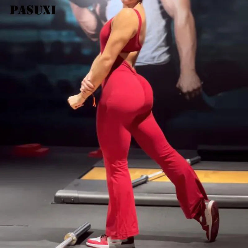 PASUXI Hot Selling Women 2025 Flared Workout Gym Playsuits Plus Size Active Wear Compression Bodysuits Girls Yoga Jumpsuits