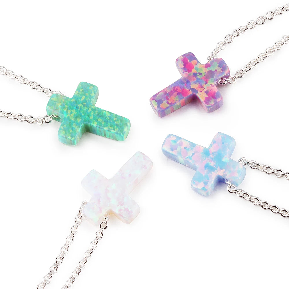 Unisex 925 Silver Cross Necklace 1 Piece Popular Trendy Plated Gold Synthetic Opal Jewelry with Blue White Charms for Weddings