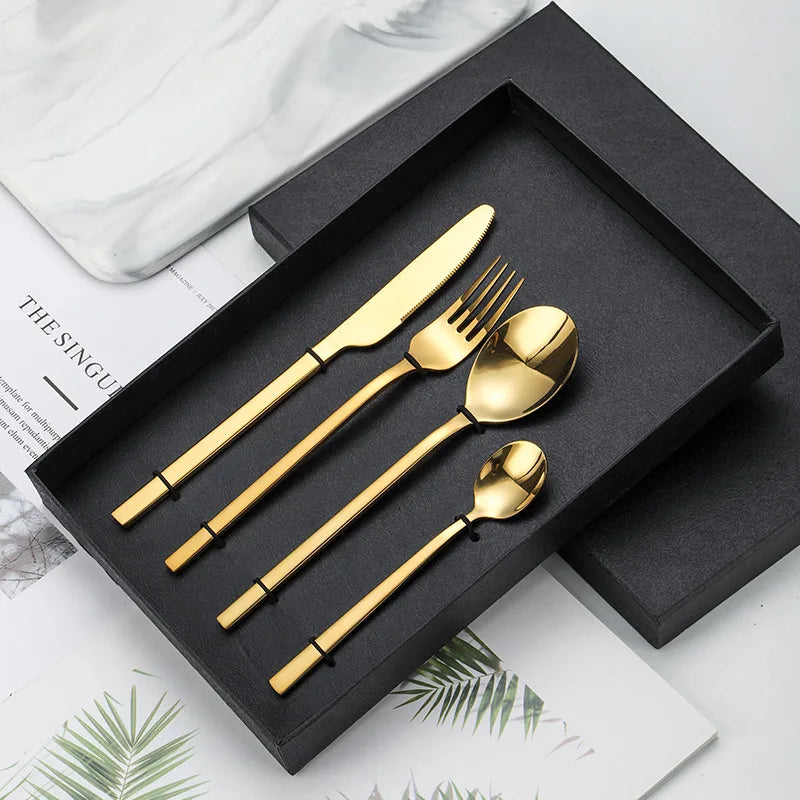 Black Eco-Friendly Stainless Steel Classic Flatware Set with Knife Fork Spoon Square Handles Custom Logo Business Gifts Weddings