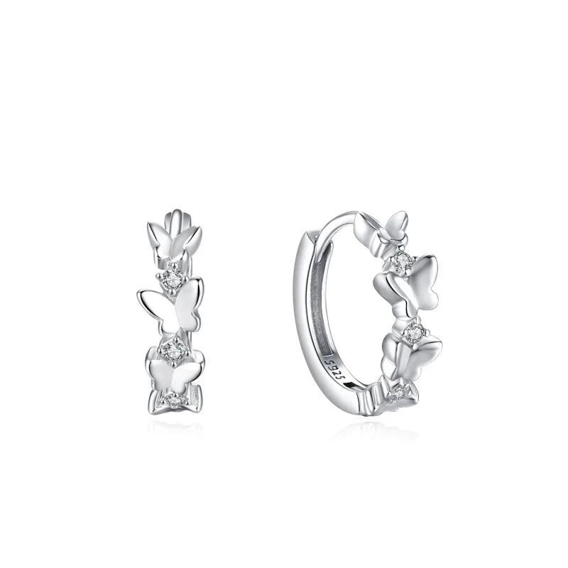 Sweet and Elegant Silver Earrings 925 Sterling Silver Rhodium Plated Zirconia butterfly Hoop Earrings
