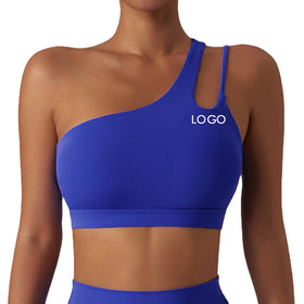 Custom Logo Women One Shoulder Crop Sports Bra Hollow Out Running Sexy Seamless Yoga Bra