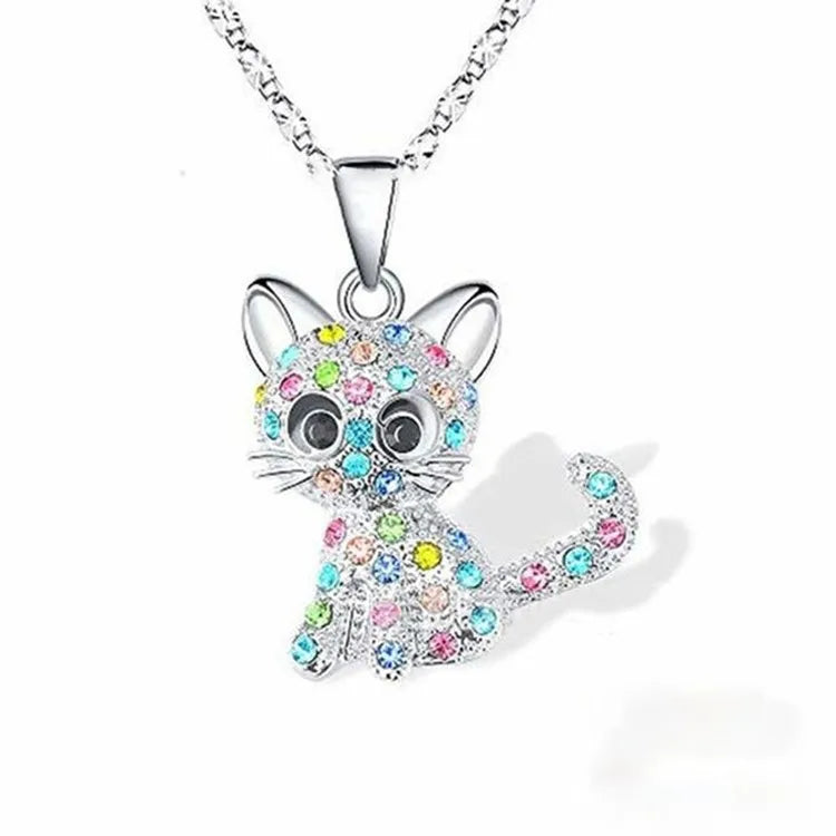 Girls Cute Cat Pendant Necklace for Women Children Fashion Colorful Crystal Cartoon Animal Necklaces Jewelry Gifts