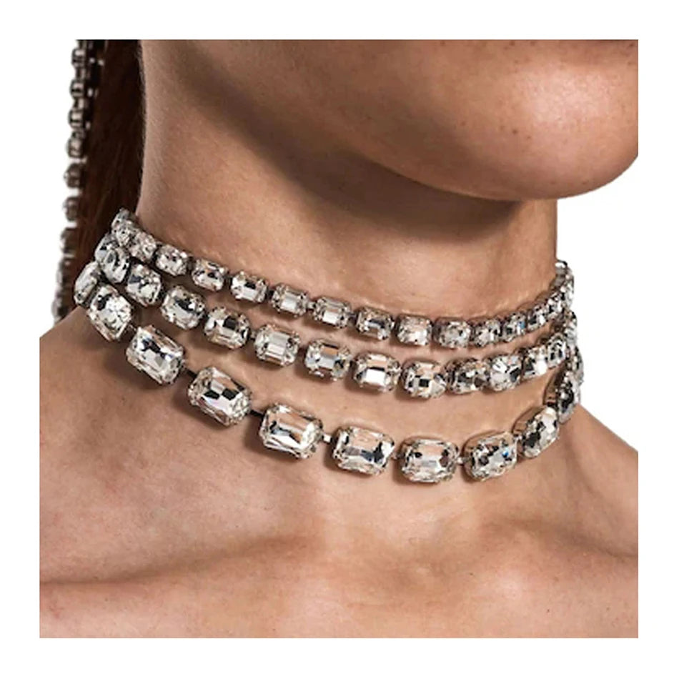 Hot Selling Large Rectangular Block Multi-Layer Rhinestone Necklaces Popular Party Jewelry Gift Fashion Chokers