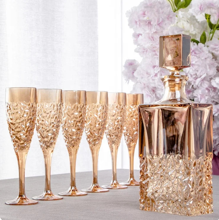 European Set of 7 Amber Color Raindrop Design Champagne Glasses Crystal Toasting Champagne Flutes