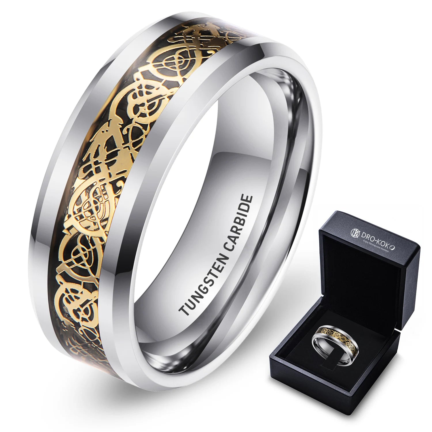 Silver Plated Beveled Edge Gold Celtic Black Carbon Fiber Inlay Tungsten Carbide Rings Men Wedding Bands Jewelry for Women Men
