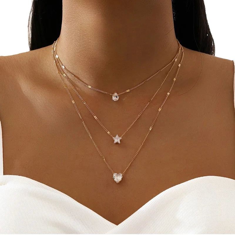 Classic Retro Five-Pointed Star Love Water Drop Pendant Necklace Fashionable Simple Multi-Layer Collarbone Chain Gold Made Alloy