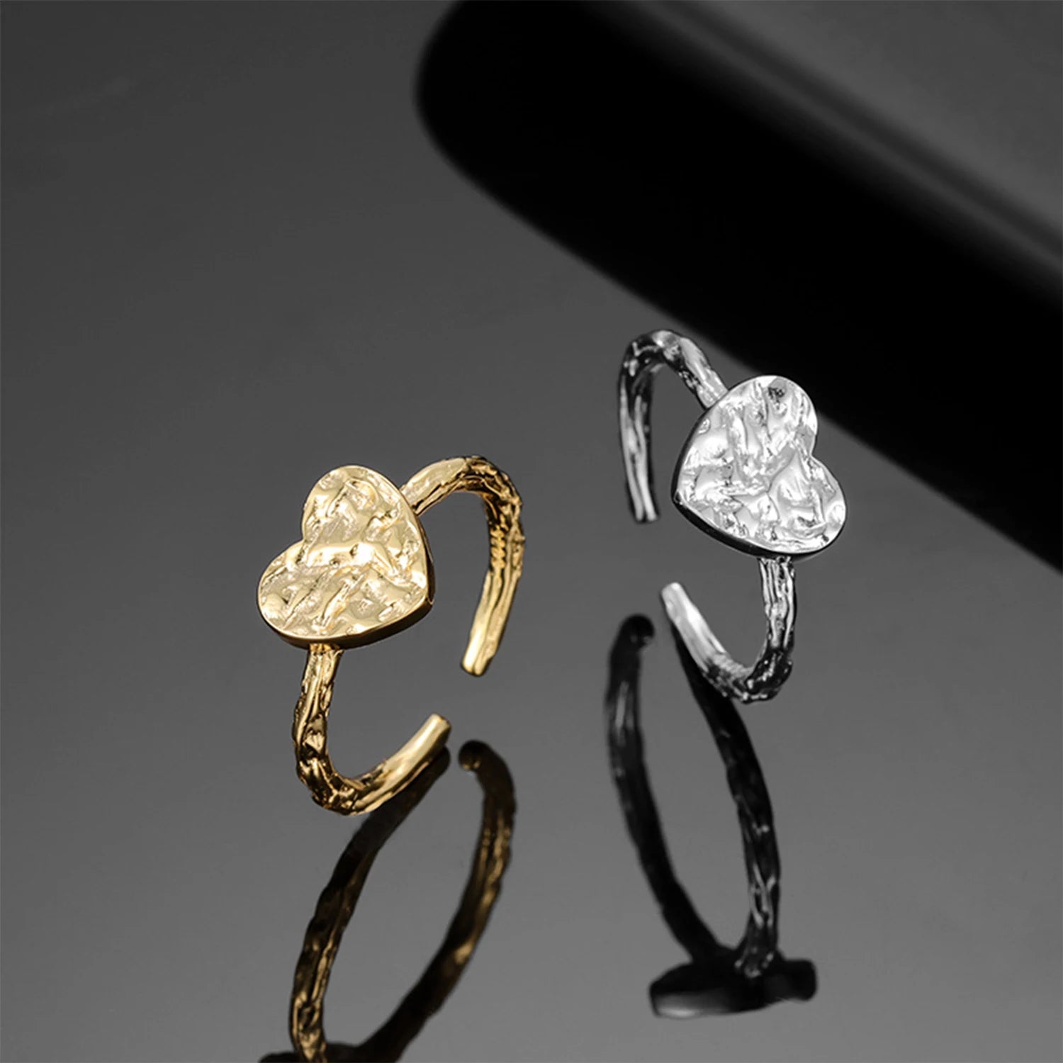 FUAMAY 925 Sterling Silver Hammered White Gold Ring Adjustable Heart Ring